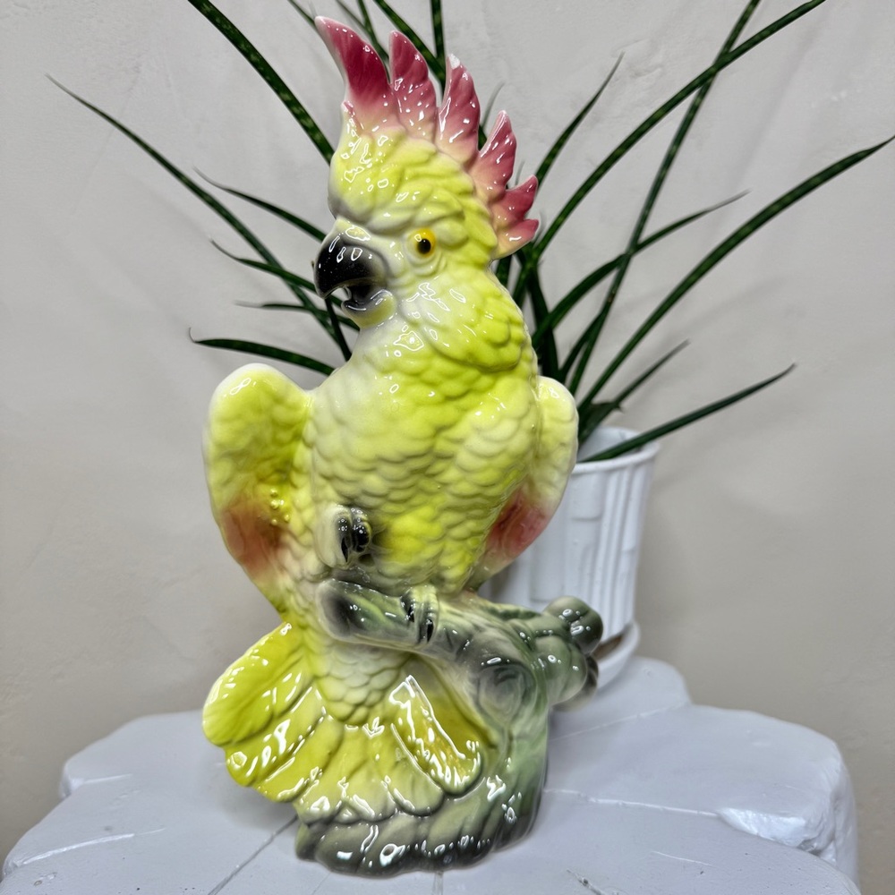 Vintage MCM Chartreuse Yellow Glazed Ceramic Cockatoo Parrot Planter